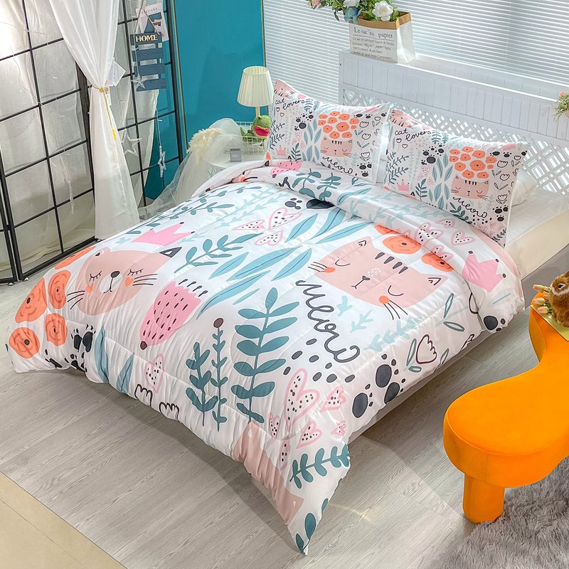 CVHOUSE Cat Bedding,Cartoon Cat Comforter Full,Animals Print Comforter Set for Kids,Kawaii Quilt Set with 1 Comforter and 2 Pillow Cases - Image 4